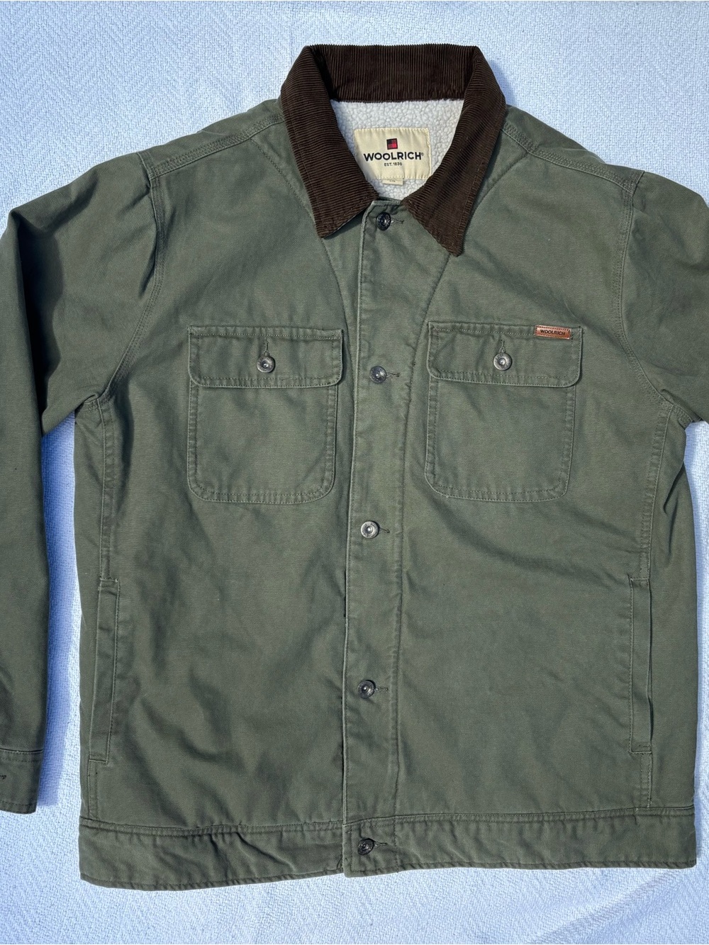 Woolrich Olive Green Field Jacket with Brown Corduroy Collar
